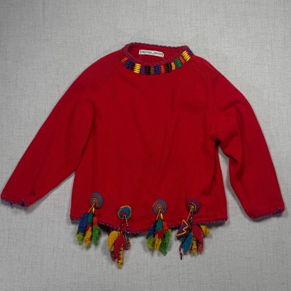 Vintage Michael Simons Embellished Beaded Sweater Red Tassel Knit Size Chest 39"